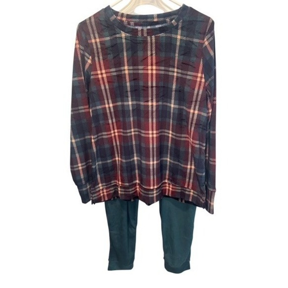 Cuddl Duds Womens Green Plaid Pajama Set Fleece Long Sleeve Joggers L NEW